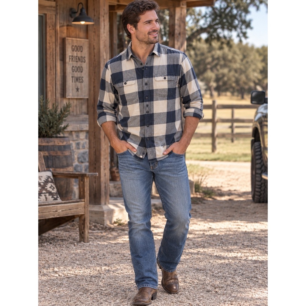 American Eagle Outfitters Flannel Shirt XS Navy Blue Cream Buffalo Plaid Classic